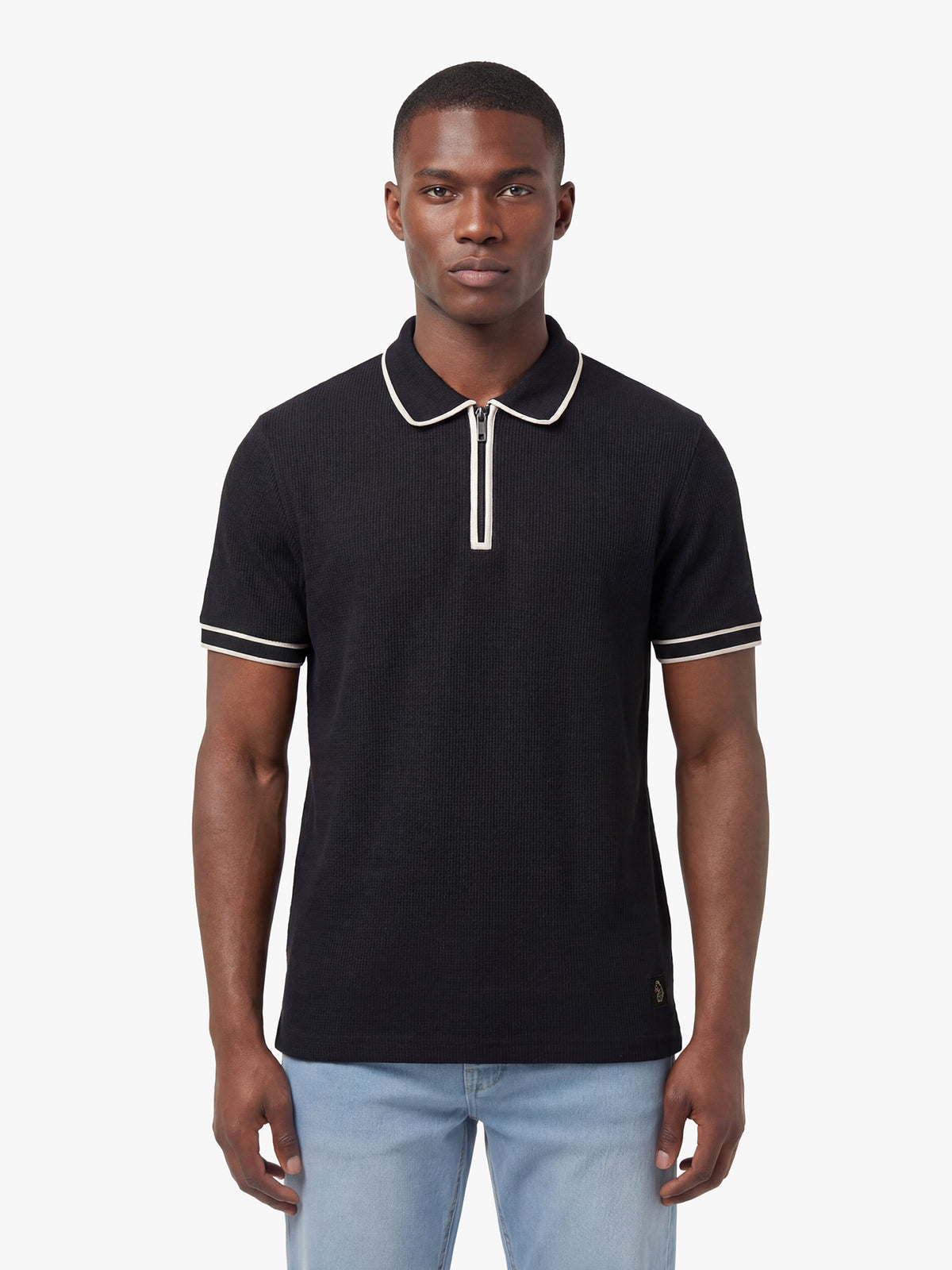 Men's black polo shirt with polo collar, front view