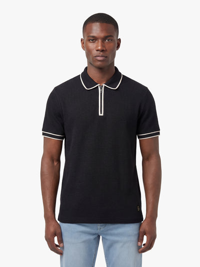 Men's black polo shirt with polo collar, front view