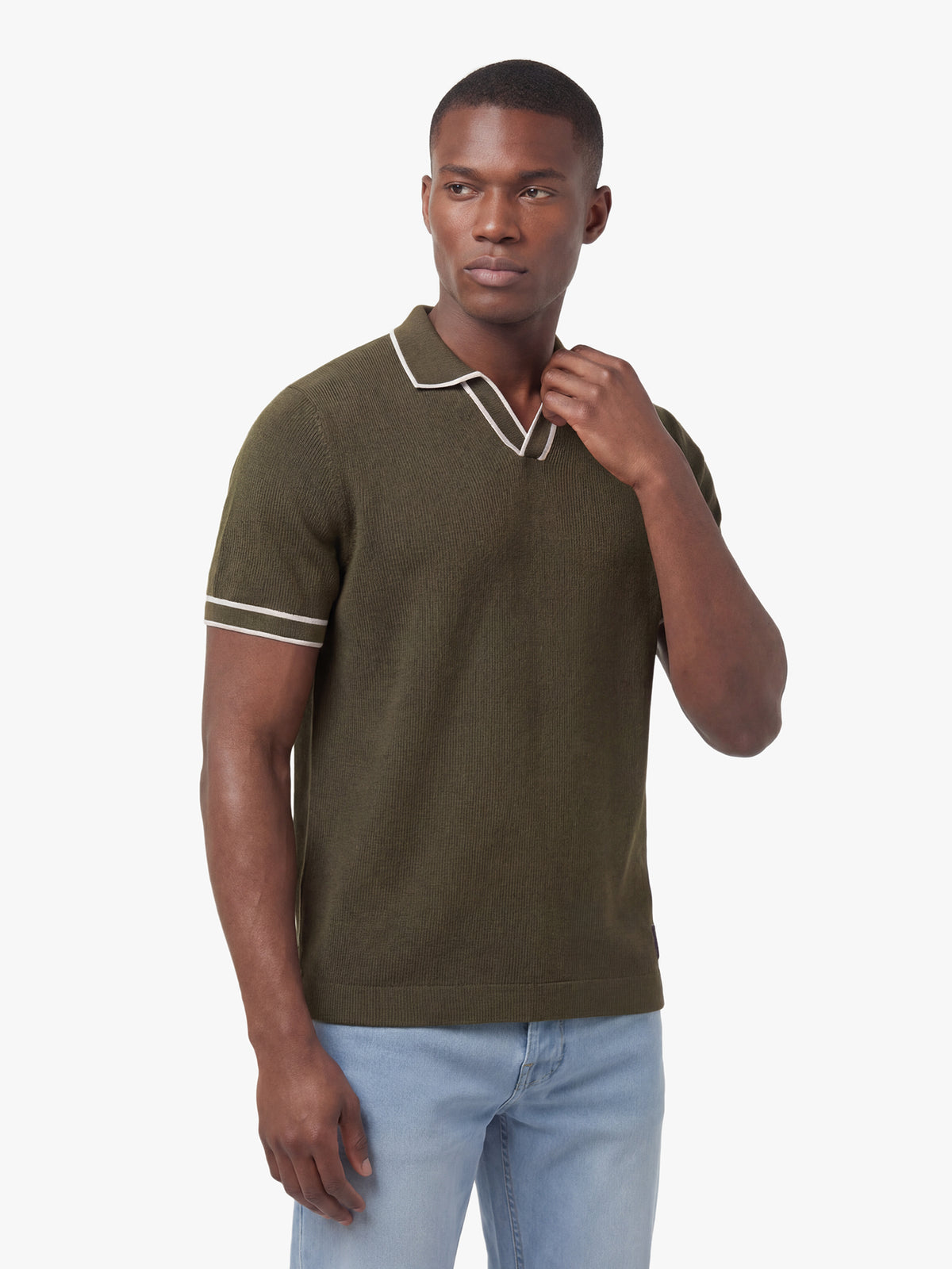 Men's green polo shirt with polo collar, front view