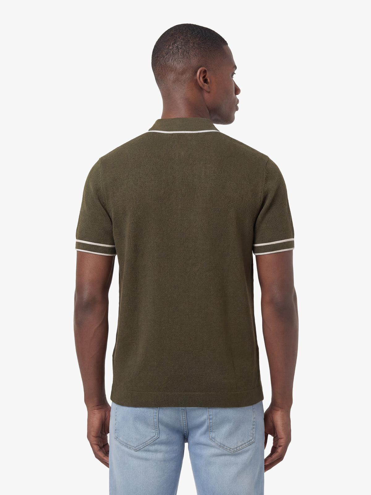 Men's green polo shirt with polo collar, back view