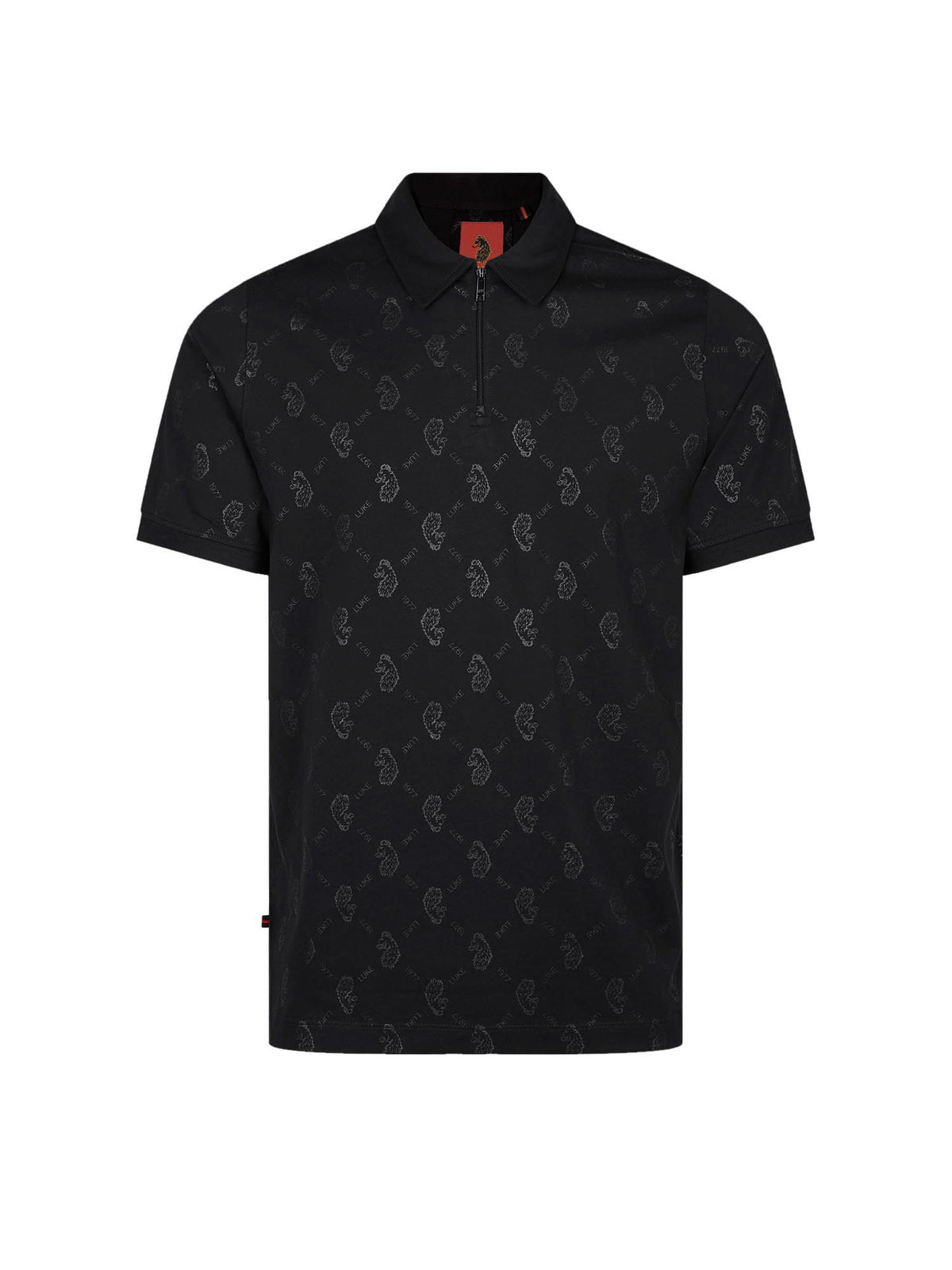 Men's black polo shirt with polo collar, front view