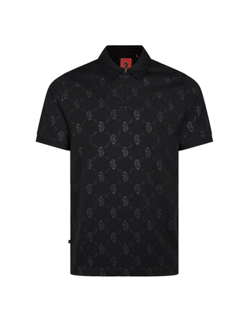 Men's black polo shirt with polo collar, front view