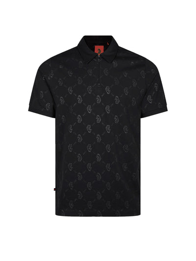 Men's black polo shirt with polo collar, front view