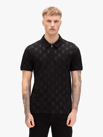 Men's black polo shirt with polo collar, worn by a model, front view