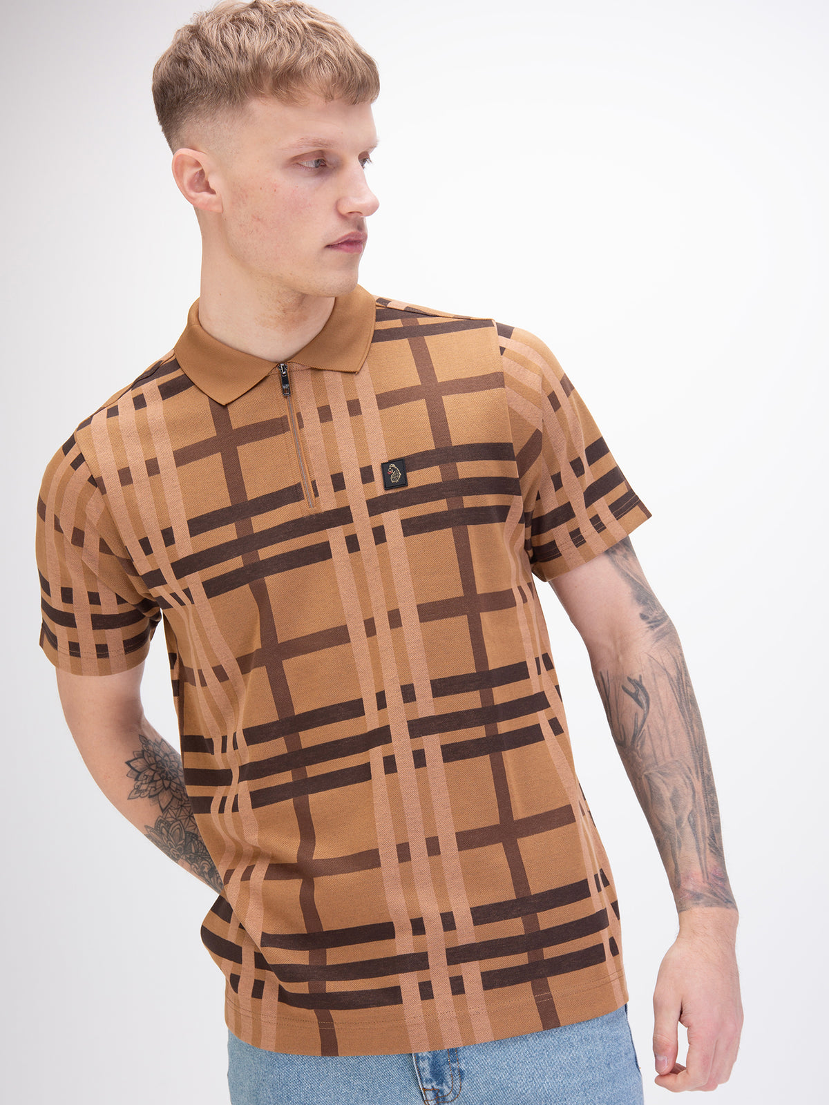 Men's orange polo shirt with polo collar, worn by a model