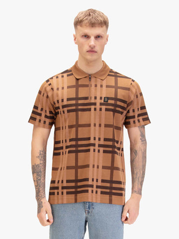 Men's orange polo shirt with polo collar, worn by a model, back view