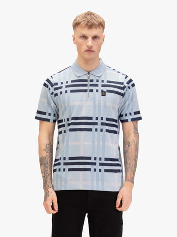 Men's blue polo shirt with polo collar, front view