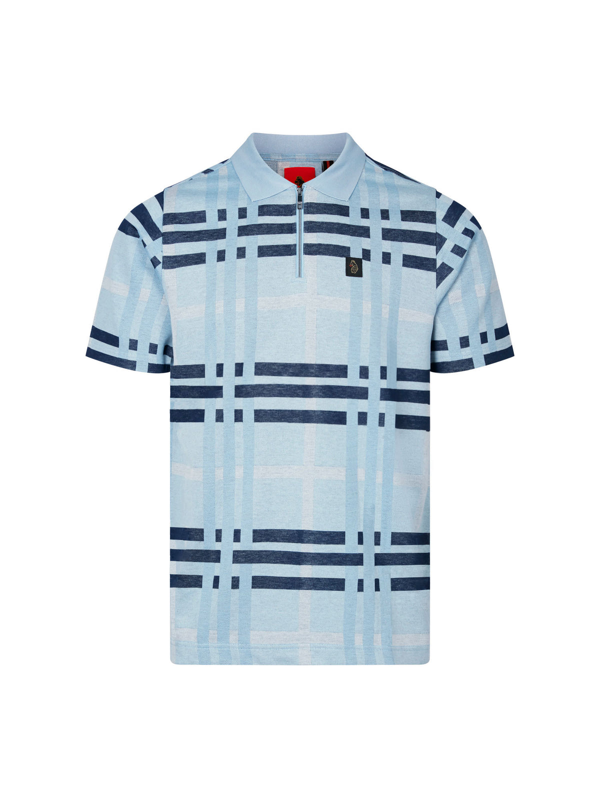 Men's blue polo shirt with polo collar, front view