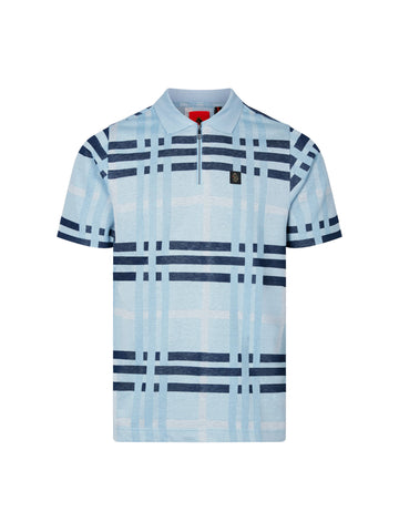 Men's blue polo shirt with polo collar, front view