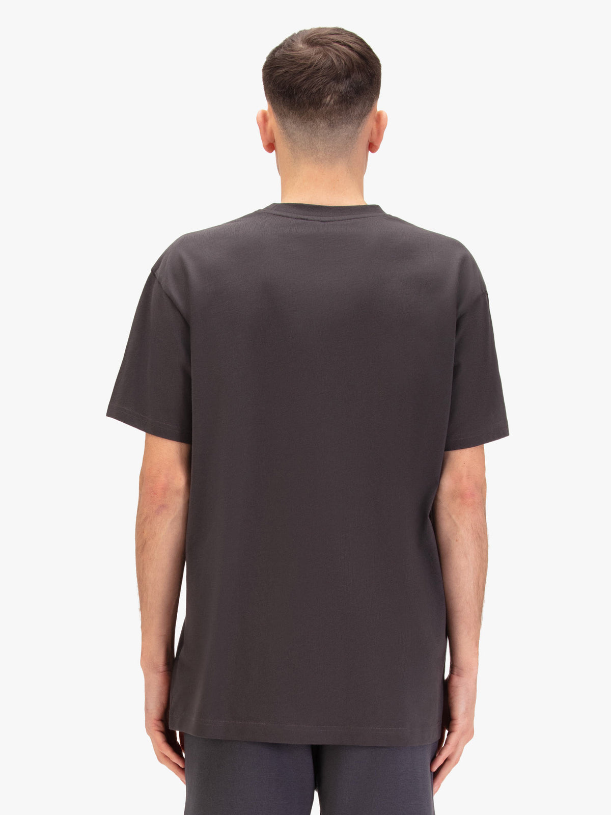 Men's relaxed-fit grey t-shirt with crew neck and short sleeves, worn by a model, back view