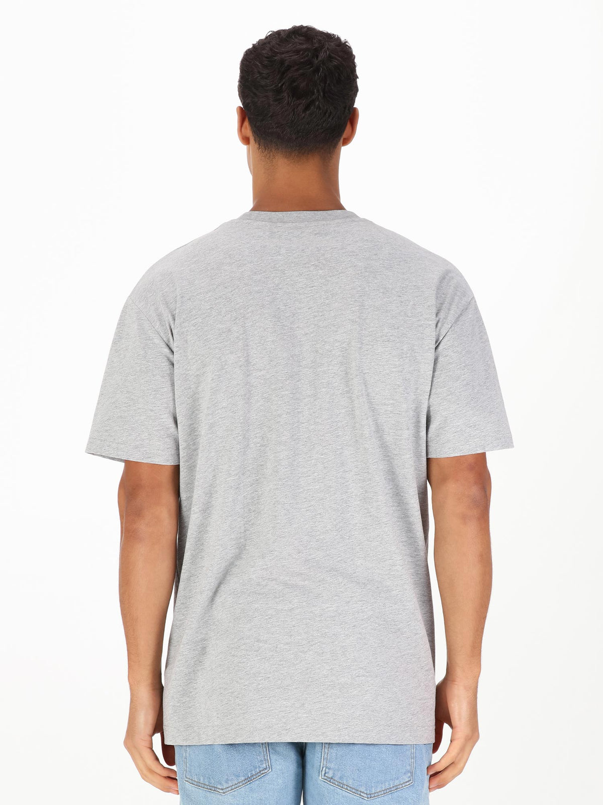 Men's relaxed-fit grey t-shirt with crew neck and short sleeves worn by a model - back view.