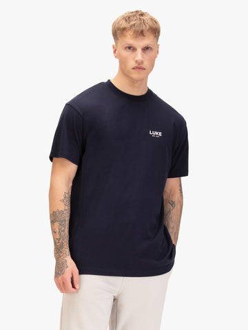 Man wearing navy LUKE 1977 Exquisite relaxed fit t-shirt, front view