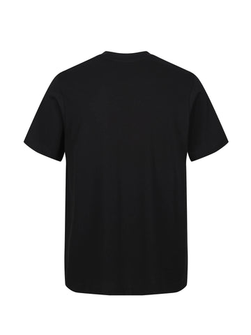 Men's black t-shirt with crew neck and short sleeves worn by a model - front view.