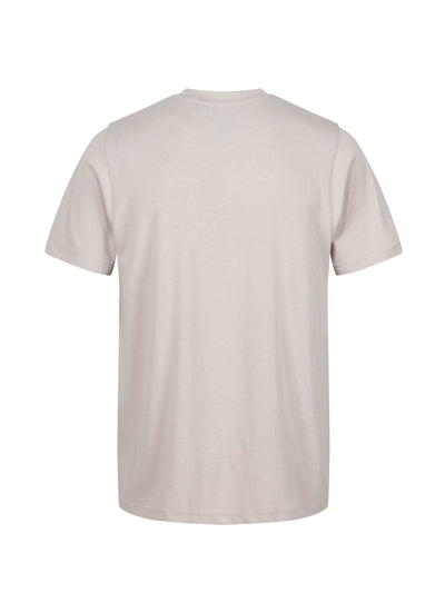 Men's beige t-shirt with crew neck and short sleeves worn by a model - front view.