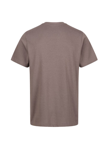 Men's brown t-shirt with crew neck and short sleeves worn by a model - front view.