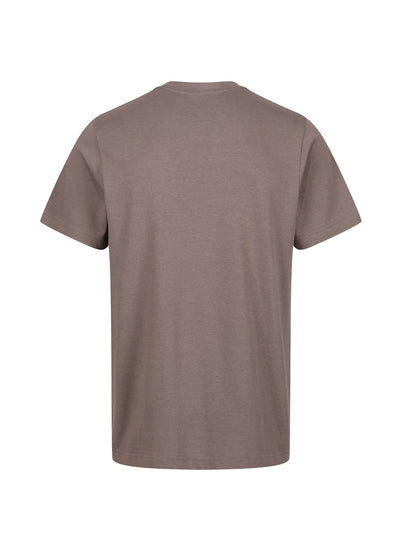 Men's brown t-shirt with crew neck and short sleeves worn by a model - front view.