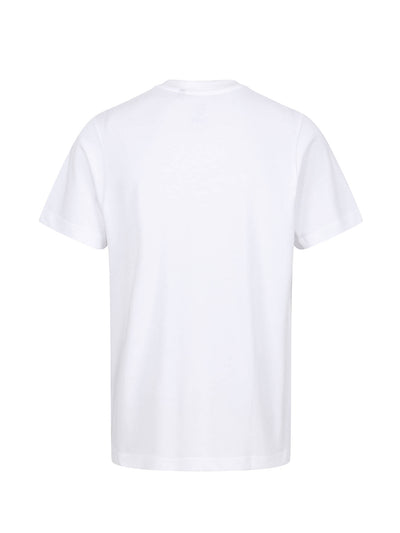 Men's white t-shirt with crew neck and short sleeves worn by a model - front view.