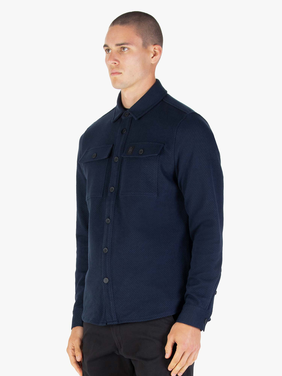Men's navy shirt with button-up front.