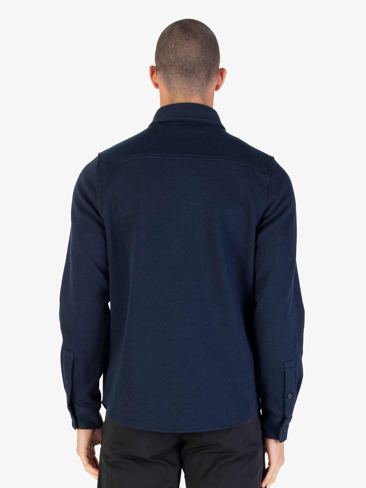 Men's navy shirt with button-up front.