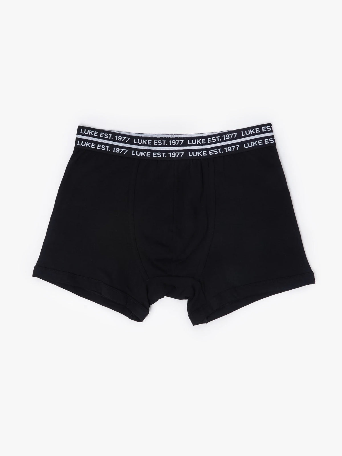 Black LUKE 1977 Captain cotton boxers with LUKE EST. 1977 waistband, front view