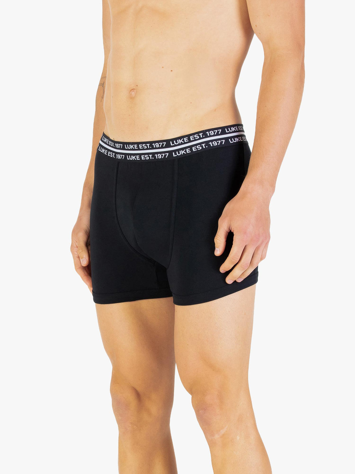 Man wearing black LUKE 1977 Captain boxers from the 3 pack, front view