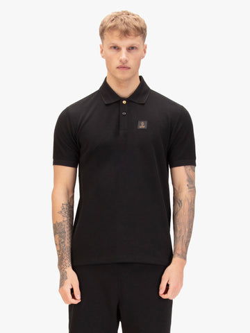 Men's black polo shirt with polo collar, front view