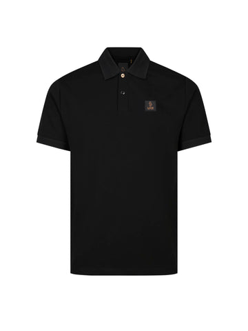 Men's black polo shirt with polo collar, front view