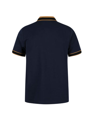 Men's navy polo shirt with polo collar.