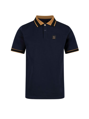 Men's navy polo shirt with polo collar.