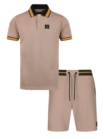 Men's brown short set with short-sleeve shirt and drawstring shorts, front view