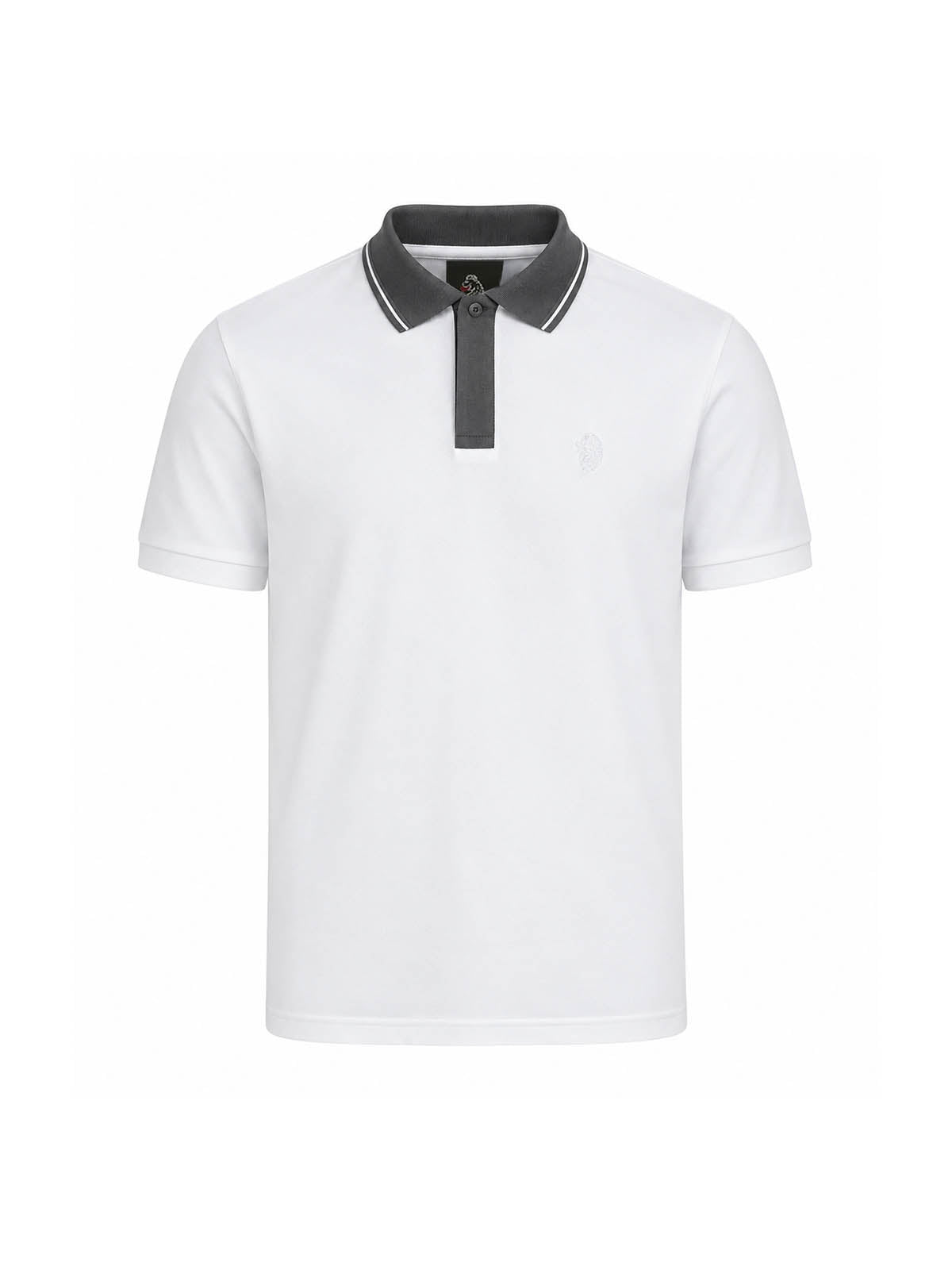 LUKE 1977 Leo men's pique polo shirt in white with contrast concrete grey collar and placket