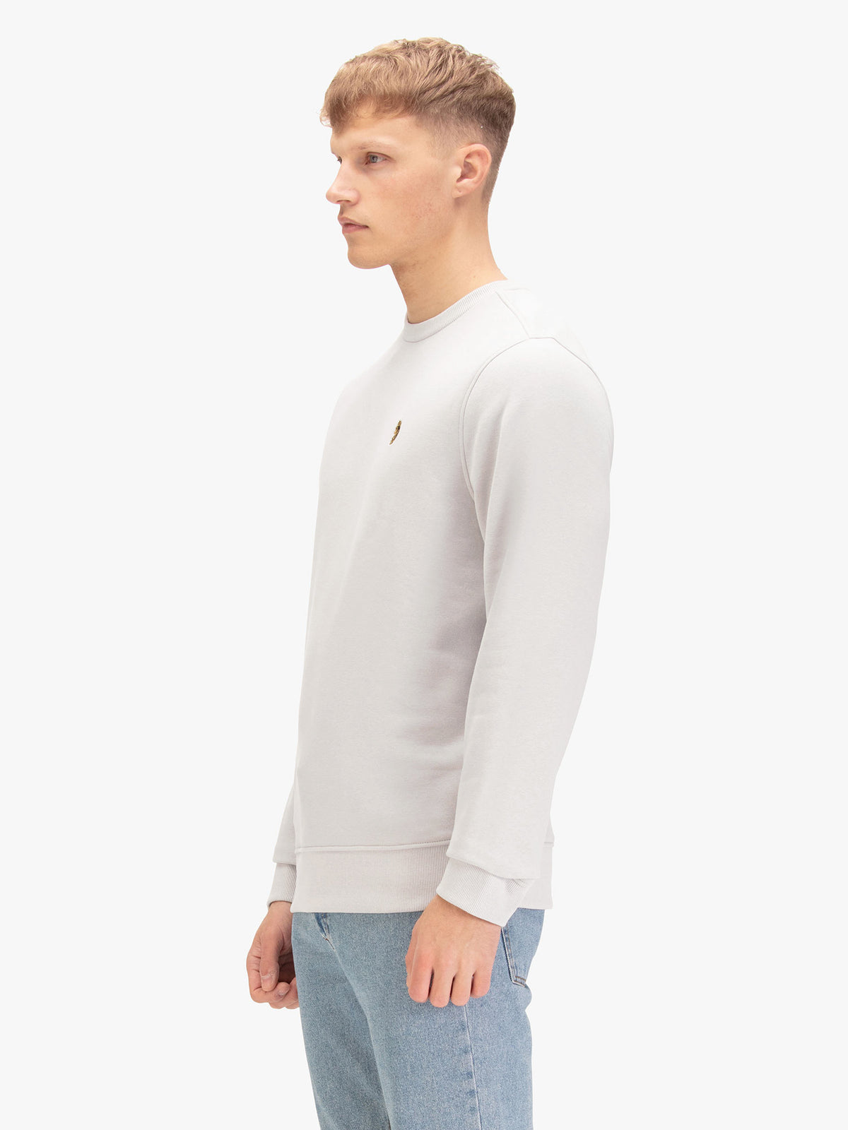Men's grey sweatshirt with crew neck, worn by a model, side view