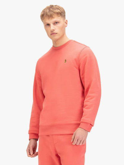 Men's red sweatshirt with crew neck, front view