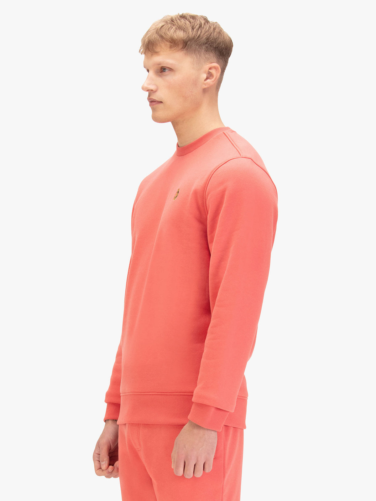 Men's red sweatshirt with crew neck, back view
