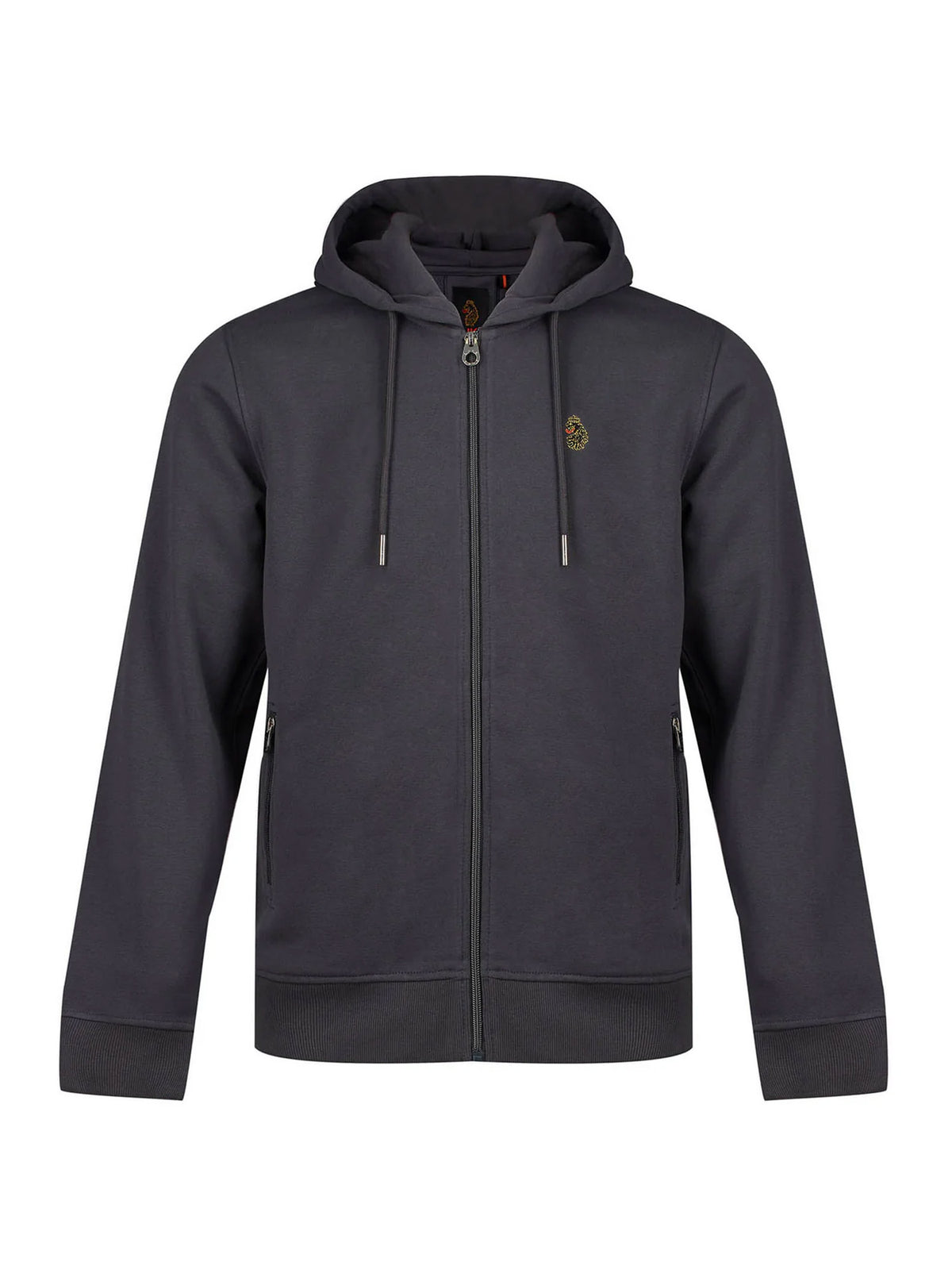 Men's grey hoodie with front pocket and drawstring hood.