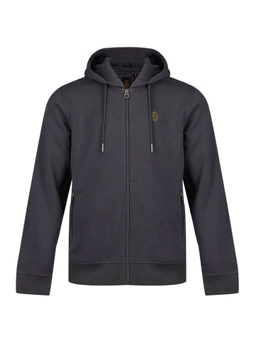 Men's grey hoodie with front pocket and drawstring hood.