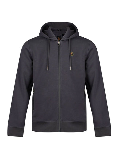 Men's grey hoodie with front pocket and drawstring hood.