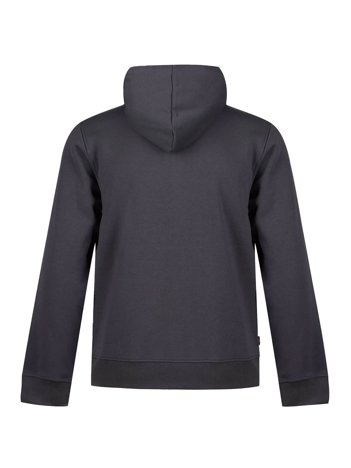 Men's grey hoodie with front pocket and drawstring hood.