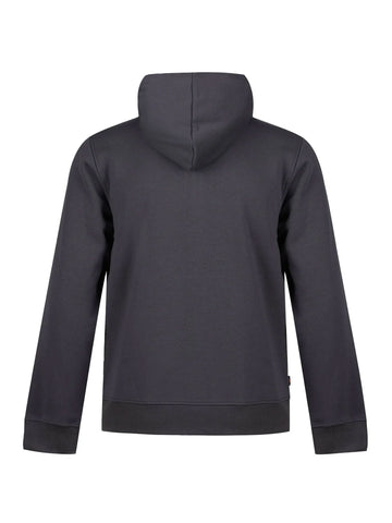 Men's grey hoodie with front pocket and drawstring hood.