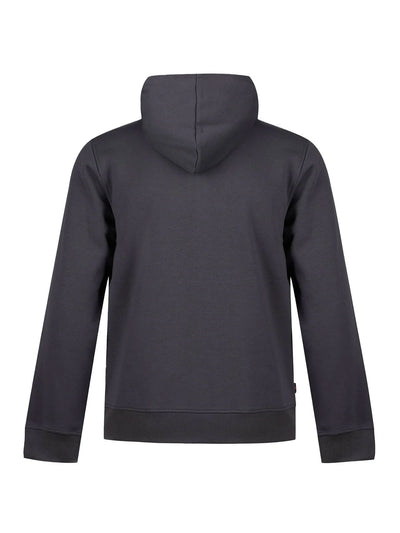 Men's grey hoodie with front pocket and drawstring hood.