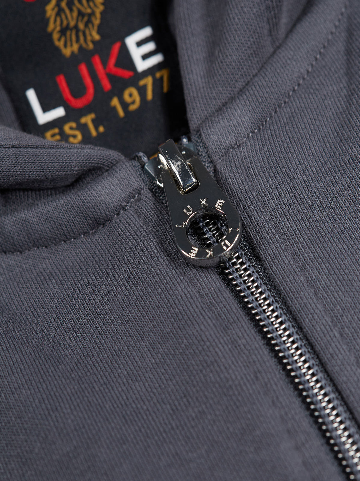 Men's grey hoodie with front pocket and drawstring hood.