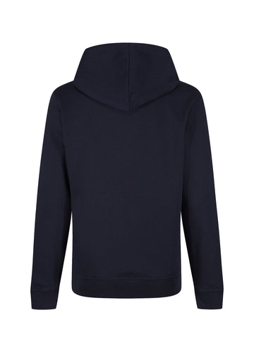 Men's navy hoodie with front pocket and drawstring hood.
