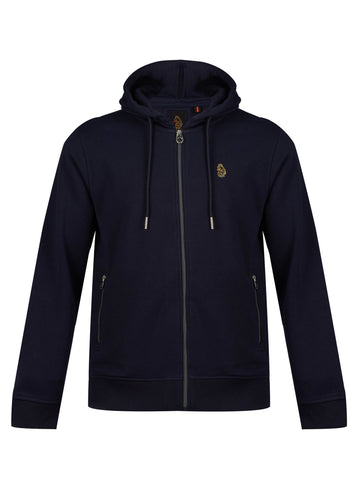 Men's navy hoodie with front pocket and drawstring hood.