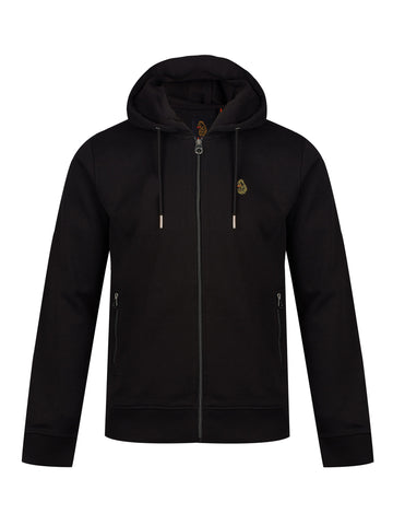 Men's black hoodie with front pocket and drawstring hood.