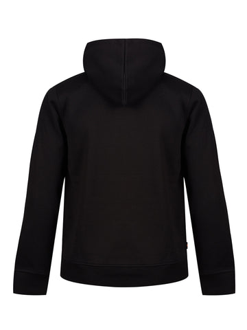 Men's black hoodie with front pocket and drawstring hood.