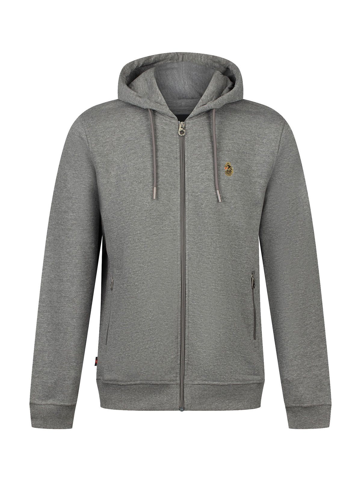 Men's grey hoodie with front pocket and drawstring hood.