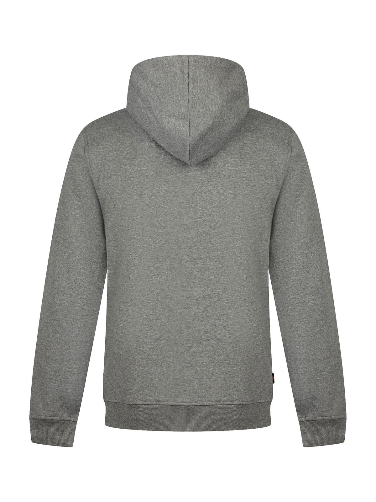 Men's grey hoodie with front pocket and drawstring hood.