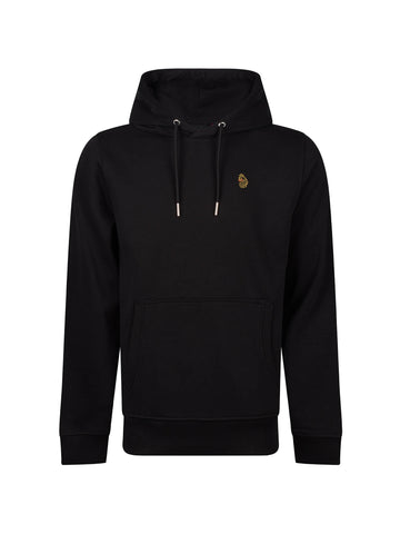 Men's black hoodie with front pocket and drawstring hood.