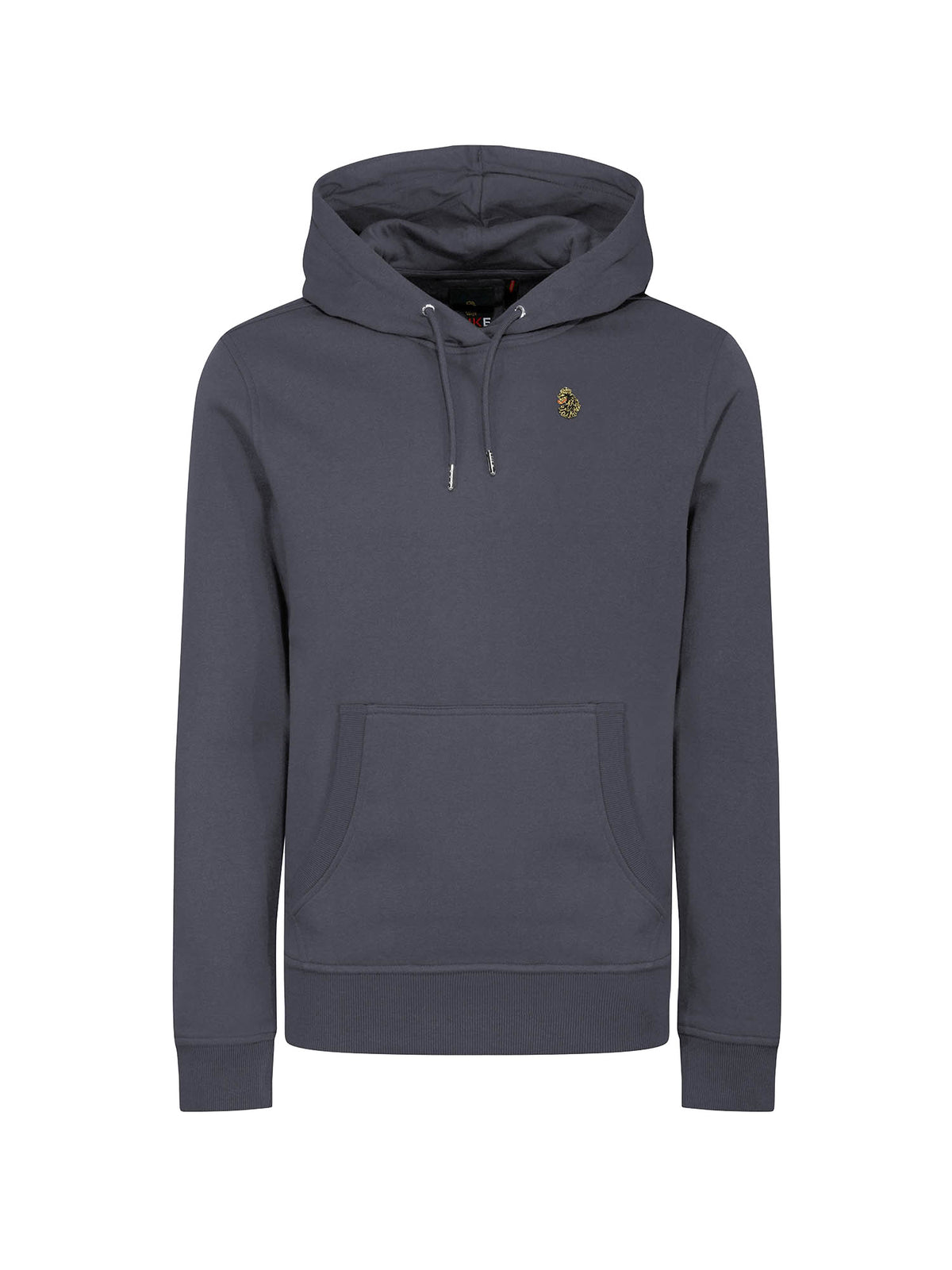 Men's grey hoodie with front pocket and drawstring hood.