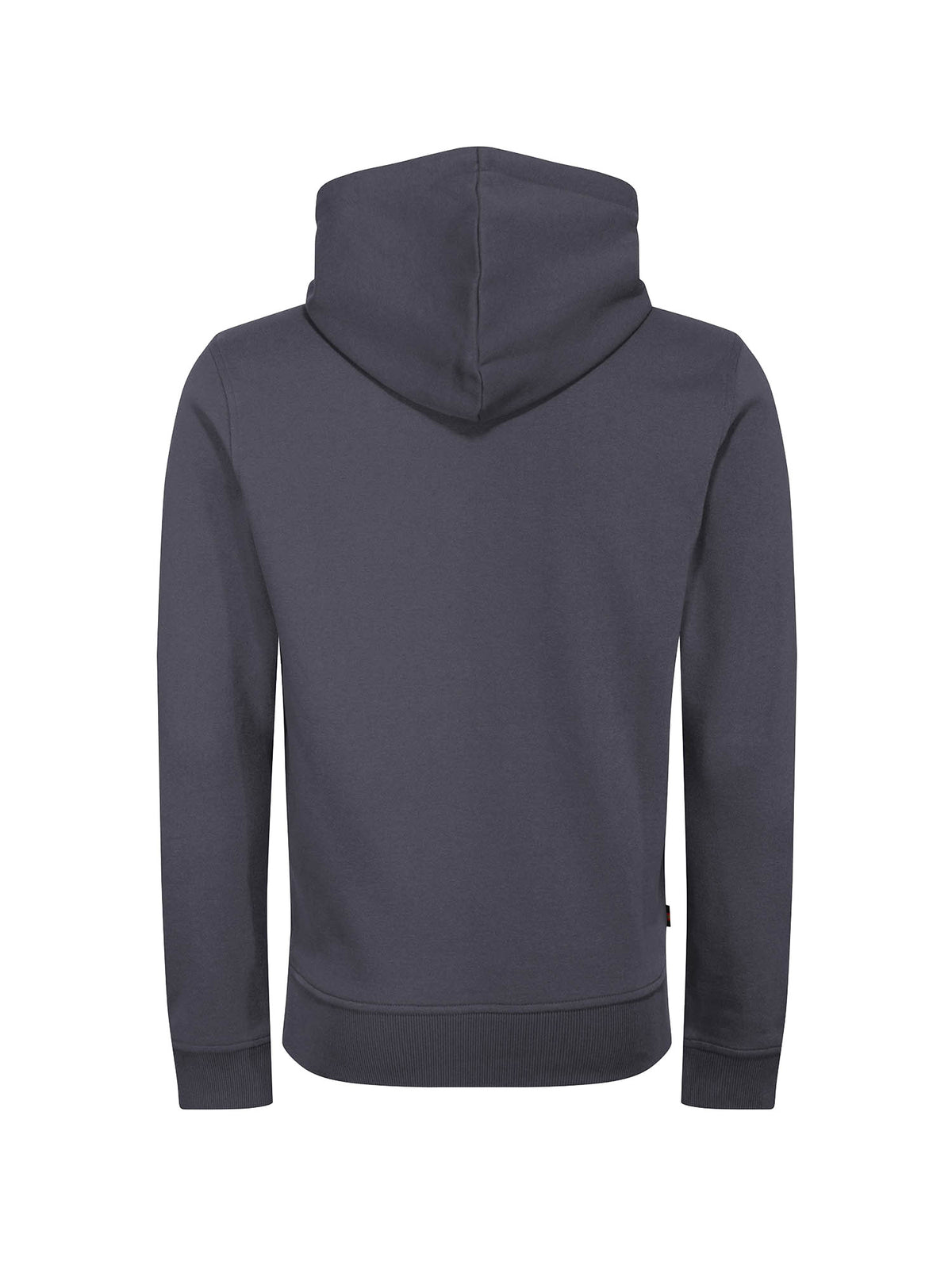 Men's grey hoodie with front pocket and drawstring hood.